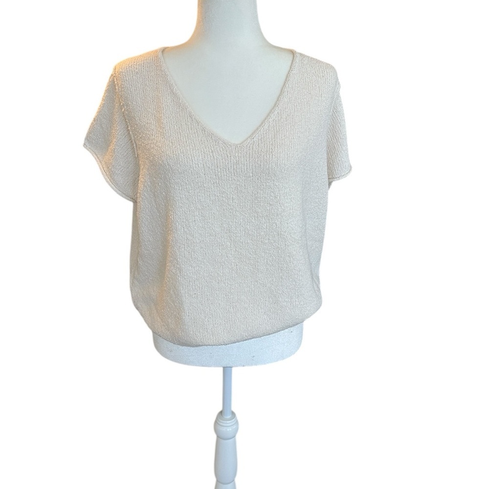Anthropologie White V-Neck Short Sleeve Sweater Size Large